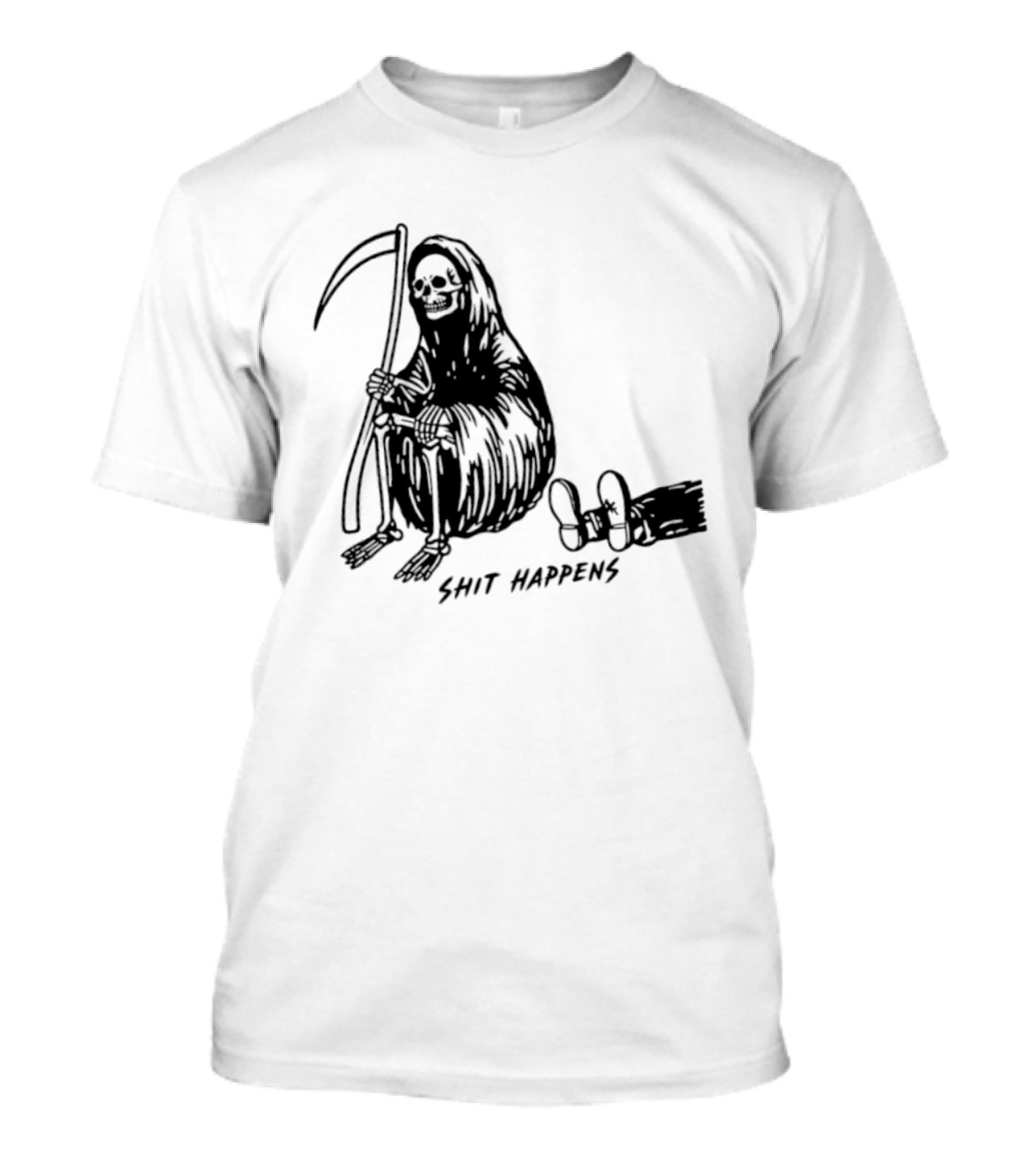 Grim Reaper Shit Happens Sitting With Scythe And Fallen Tricycle T-Shirt