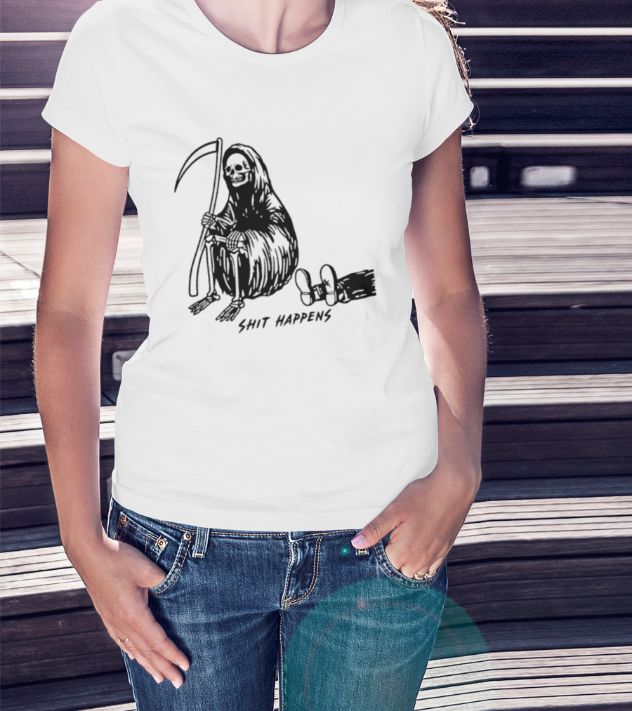 Grim Reaper Shit Happens Sitting With Scythe And Fallen Tricycle T-Shirt