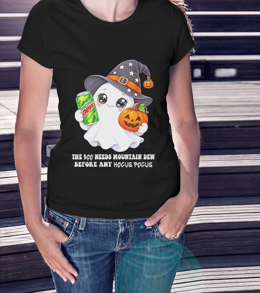 The Boo Needs Mountain Dew With Witch Hat And Pumpkin Ghost T-Shirt