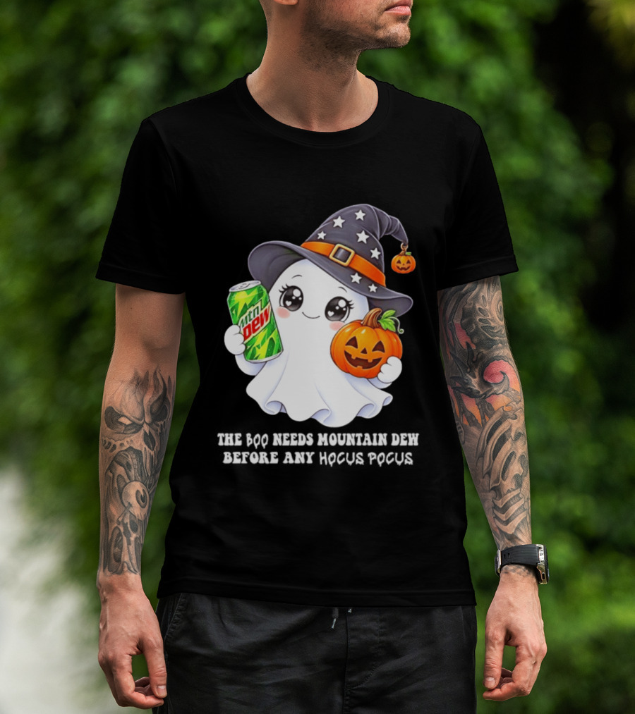 The Boo Needs Mountain Dew With Witch Hat And Pumpkin Ghost T-Shirt