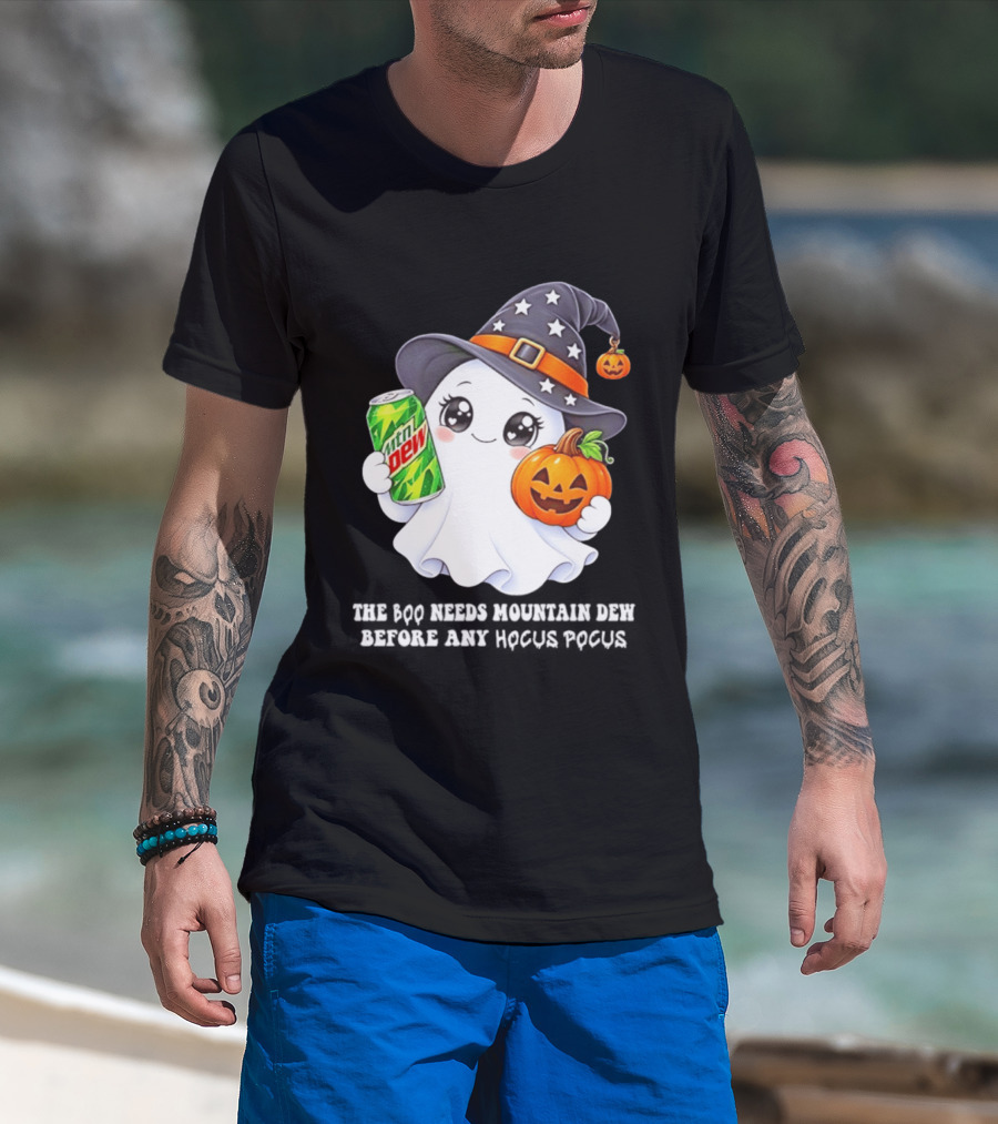 The Boo Needs Mountain Dew With Witch Hat And Pumpkin Ghost T-Shirt