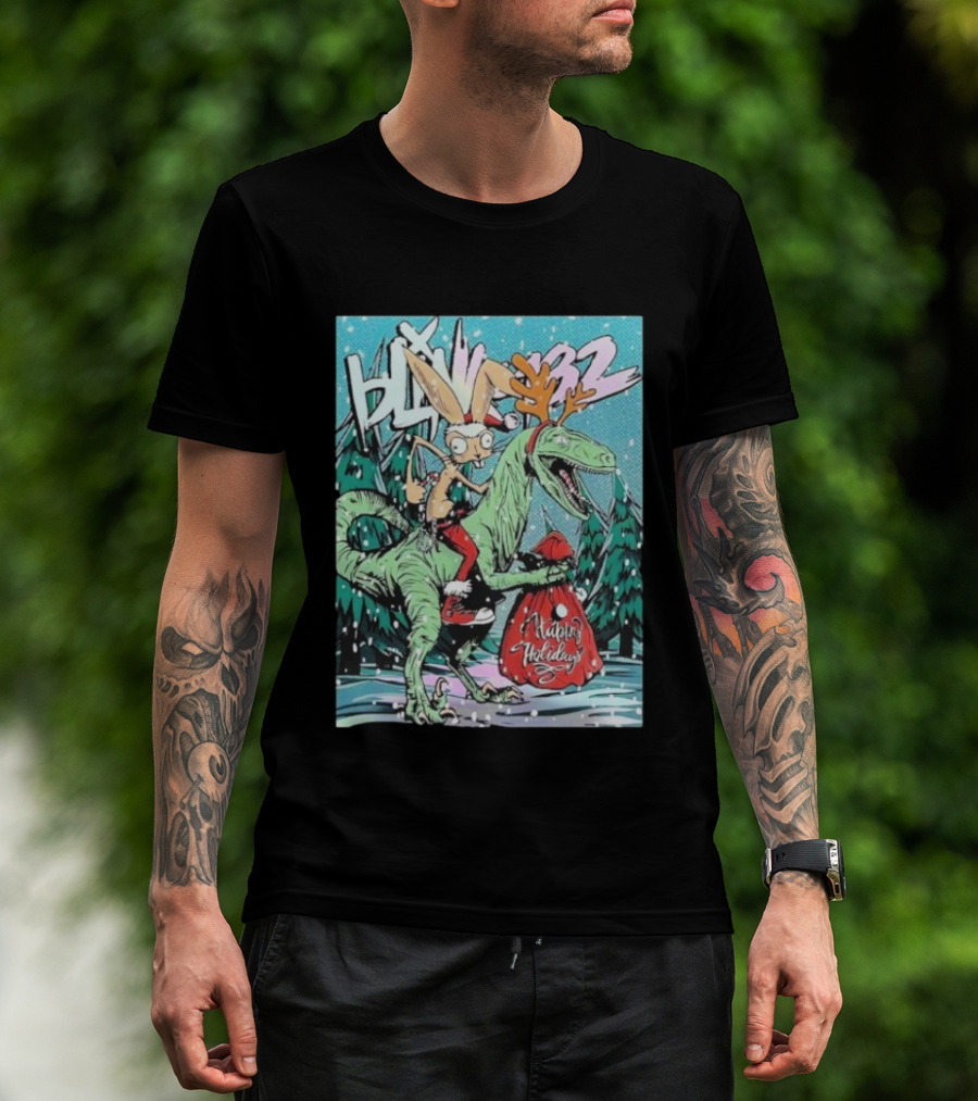Blink 182 Merry Xmas Rabbit Riding Velociraptor Happy Holidays T-Shirt