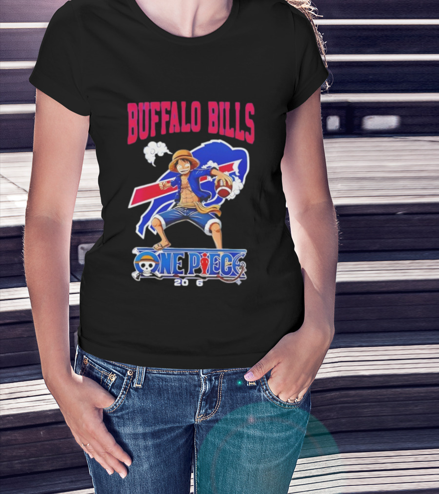 Buffalo Bills One Piece Crossover 2026 Featuring Luffy Football T-Shirt