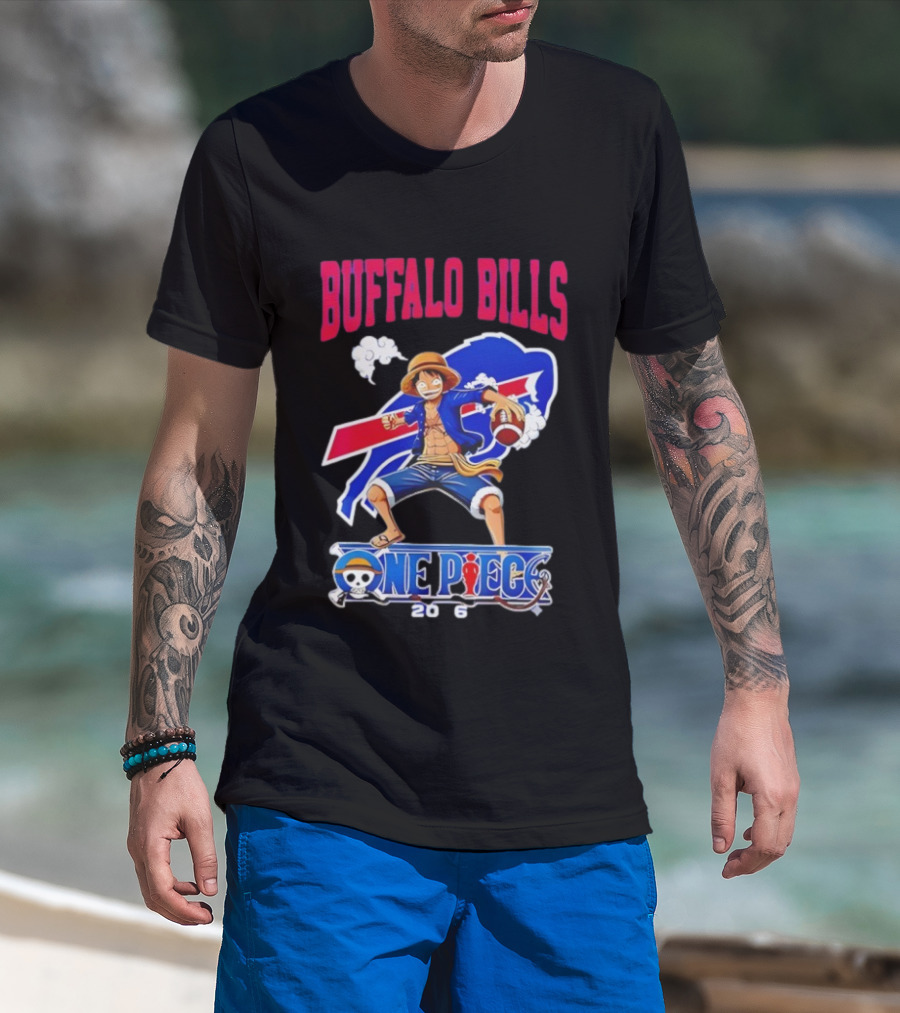 Buffalo Bills One Piece Crossover 2026 Featuring Luffy Football T-Shirt