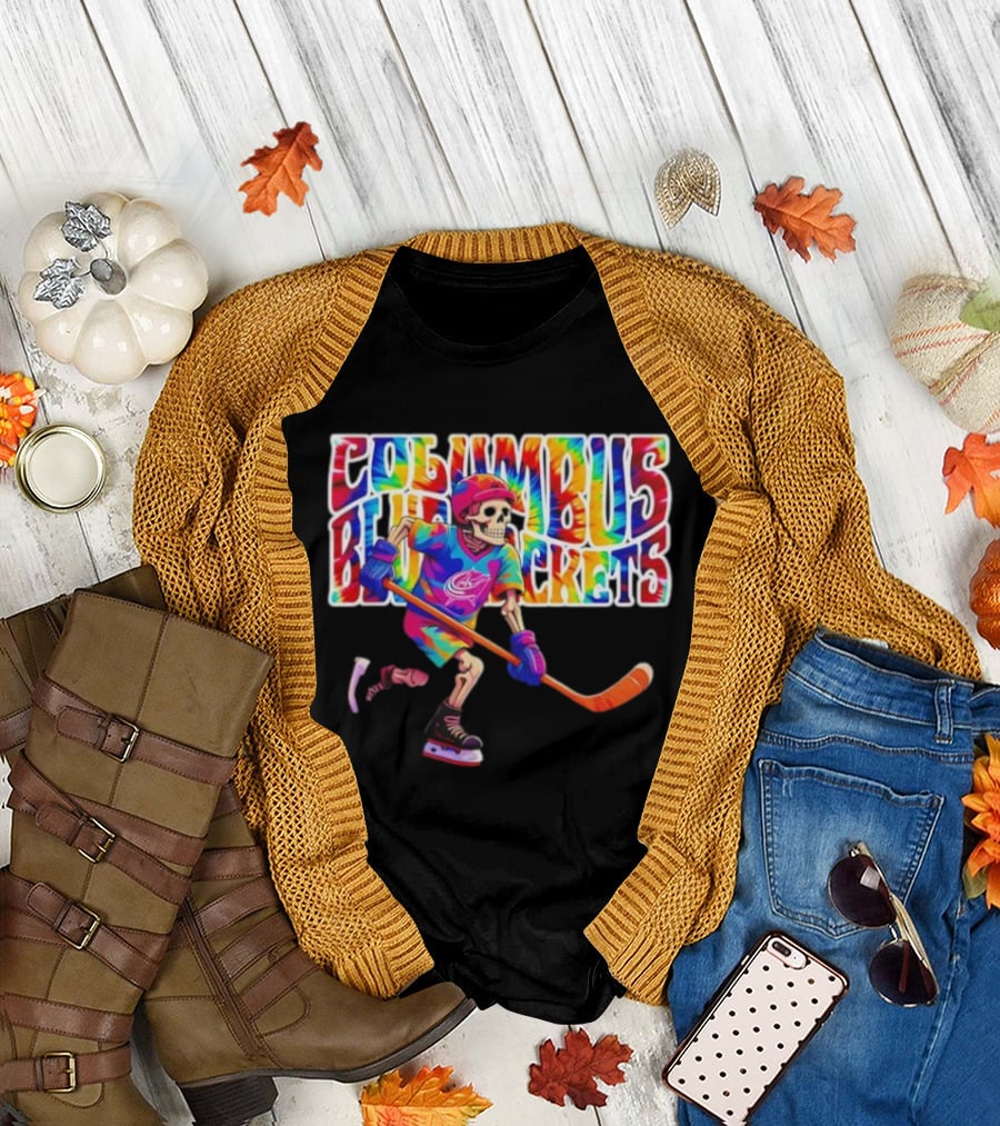 Columbus Blue Jackets Grateful Dead Tie-Dye Skeleton Hockey Player T-Shirt
