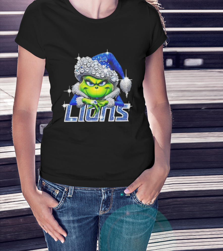Detroit Lions Grinch Bling Santa Hat Christmas T-Shirt