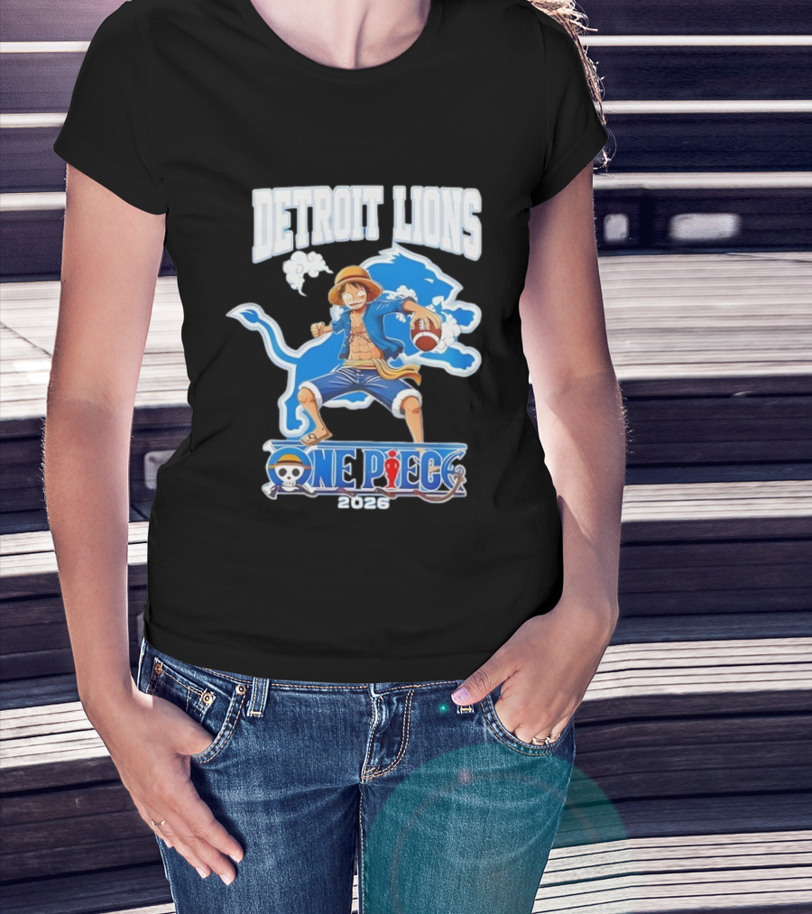 Detroit Lions One Piece Collaboration 2026 Luffy Crossover Football T-Shirt
