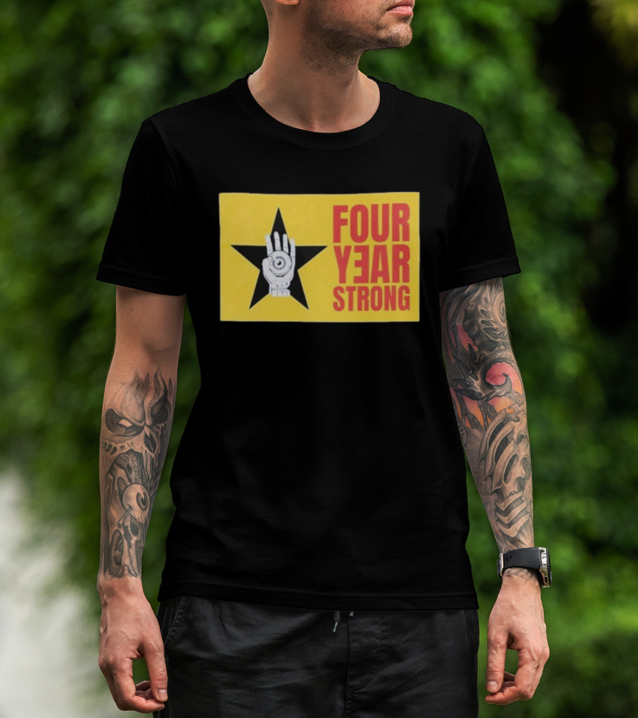 Four Year Strong Star With Hand Eye Symbol On Yellow Background T-Shirt