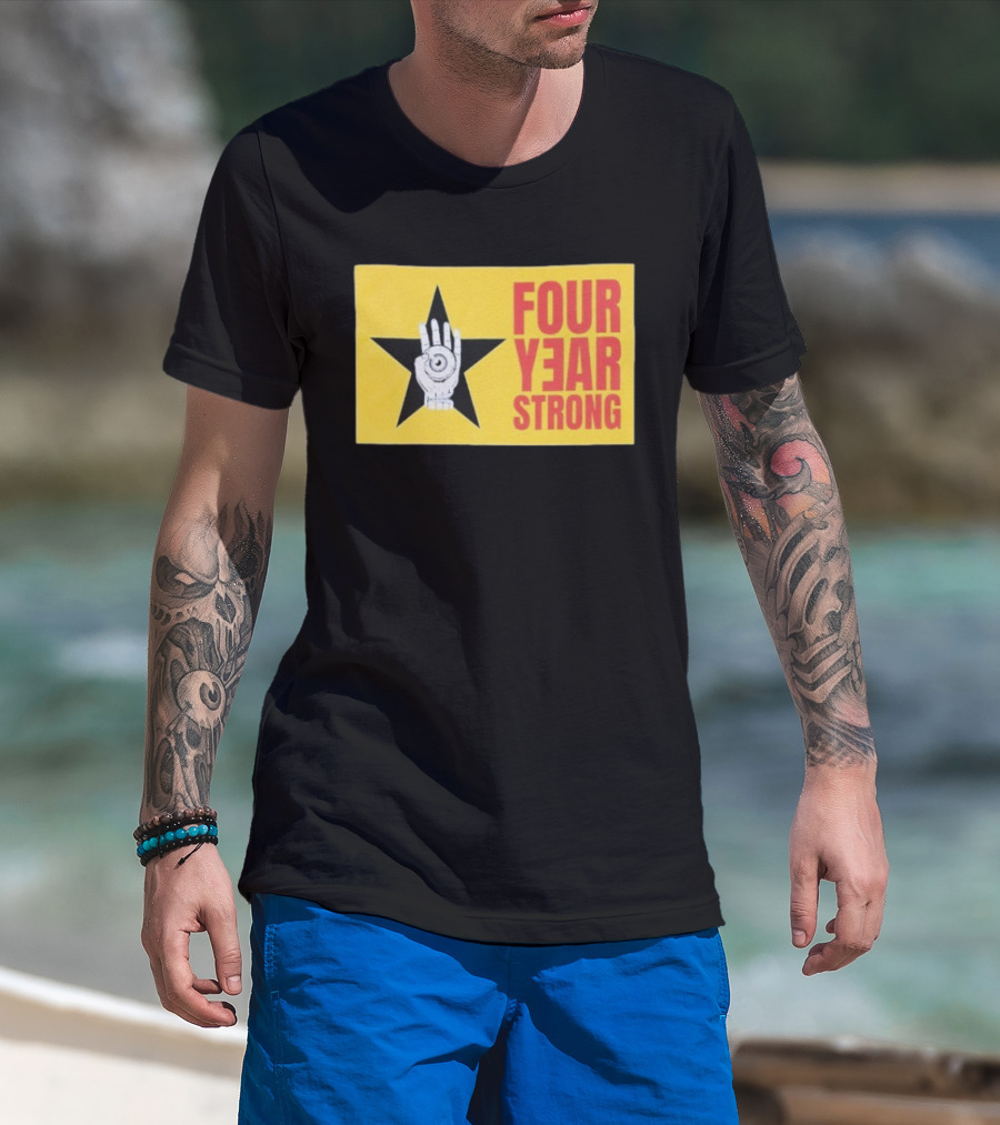 Four Year Strong Star With Hand Eye Symbol On Yellow Background T-Shirt