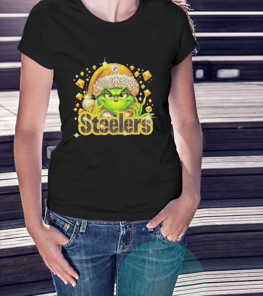 Pittsburgh Steelers Grinch Christmas Bling Santa Hat Holiday Merchandise T-Shirt