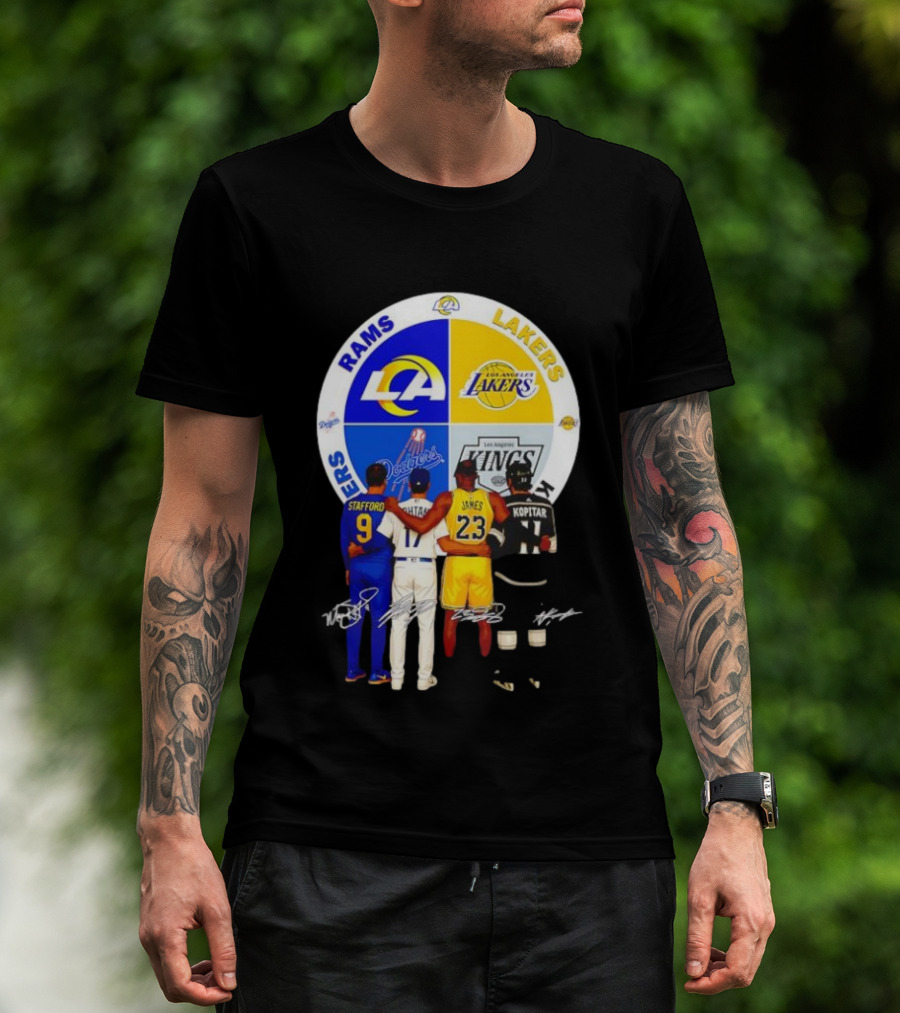 Los Angeles Rams Lakers Dodgers Kings Major Players Stafford Kershaw James Kopitar Signatures T-Shirt