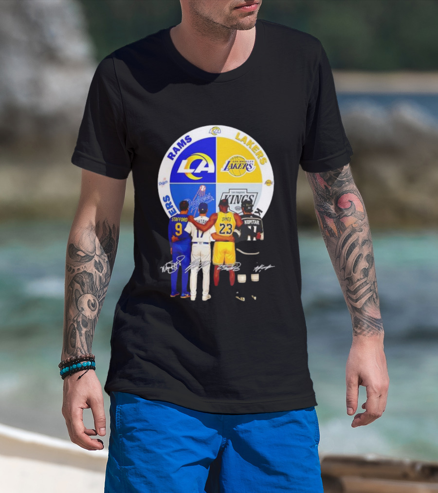 Los Angeles Rams Lakers Dodgers Kings Major Players Stafford Kershaw James Kopitar Signatures T-Shirt