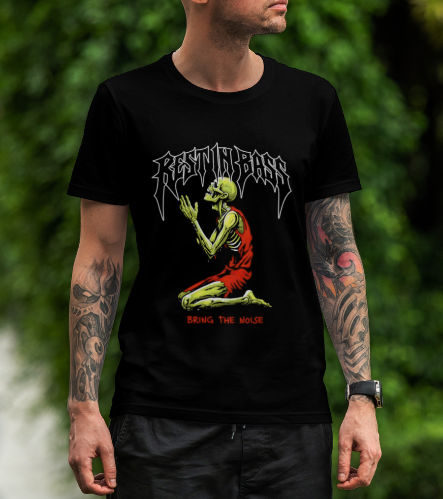 Rest In Bass Bring The Noise Skeleton Kneeling Music Theme T-Shirt