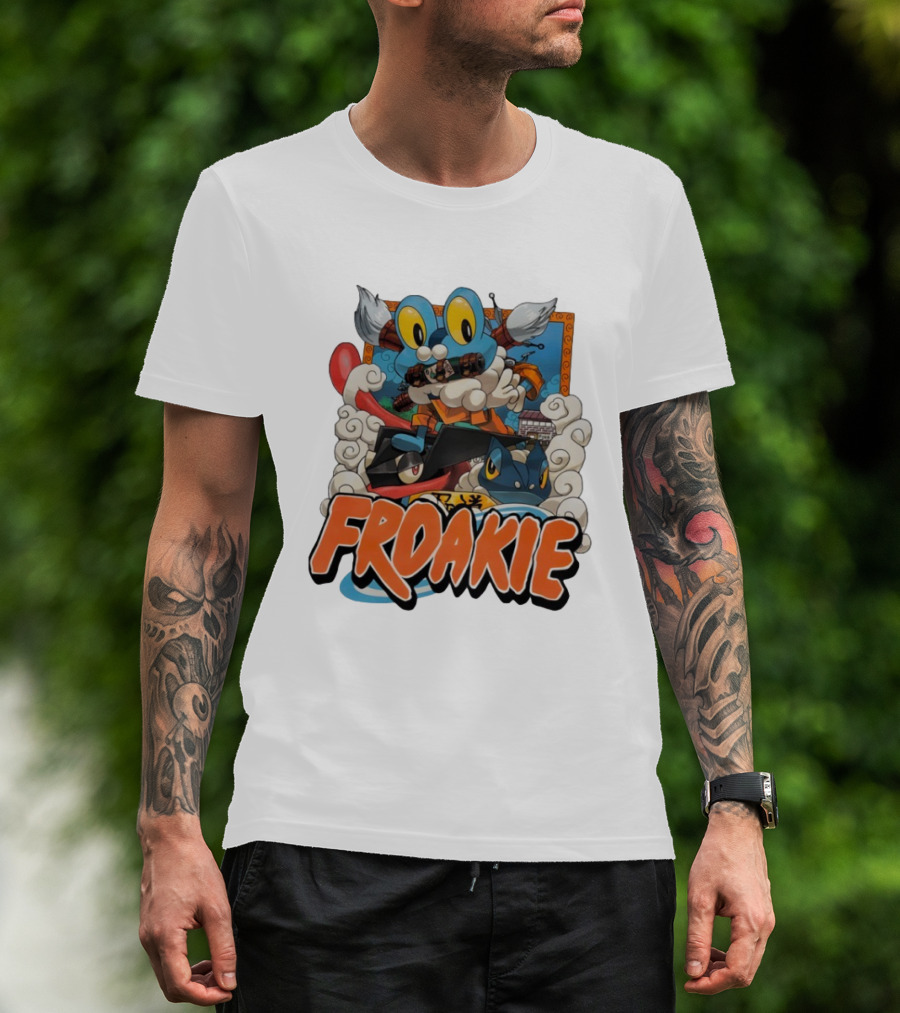 Froakie Ninja Adventure With Playful Clouds And Energetic Vibes T-Shirt