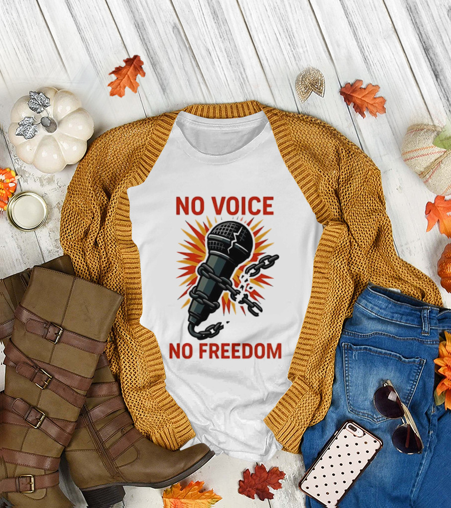 No Voice No Freedom Microphone and Chain Graphic T-Shirt