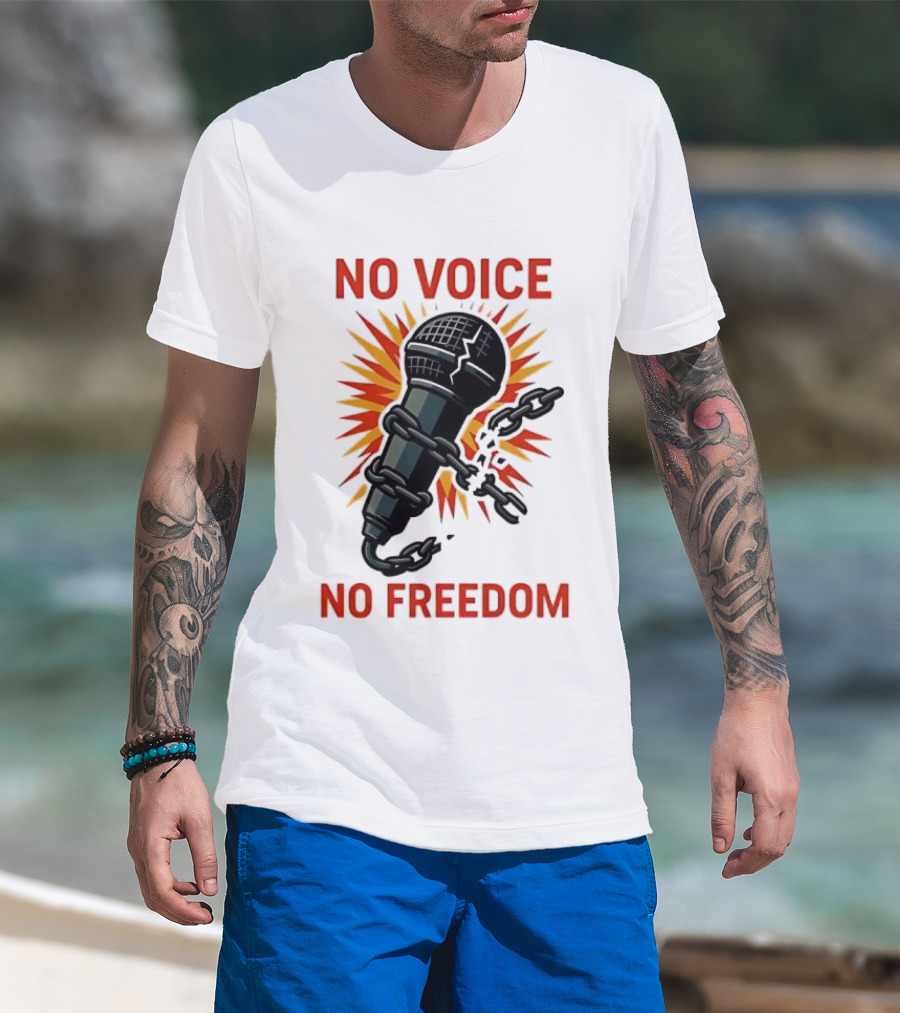 No Voice No Freedom Microphone And Chain Graphic T-Shirt