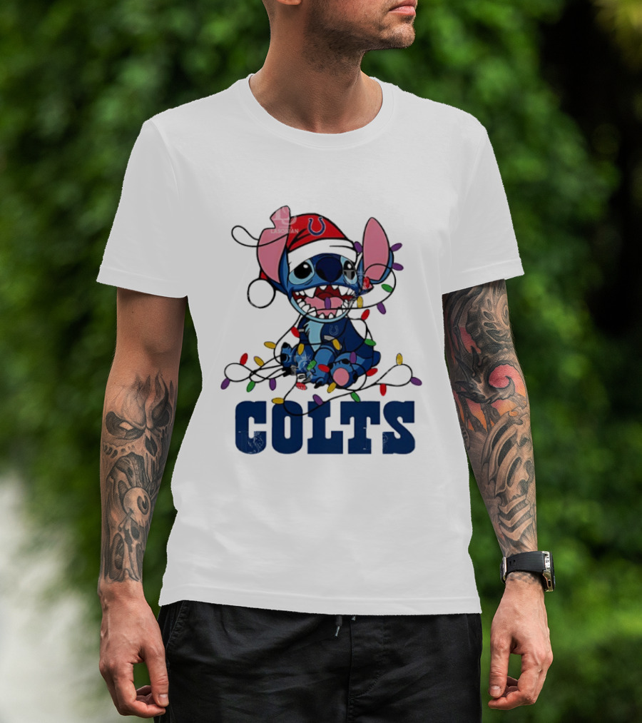 Indianapolis Colts Stitch Christmas Lights NFL Fan Art T-Shirt