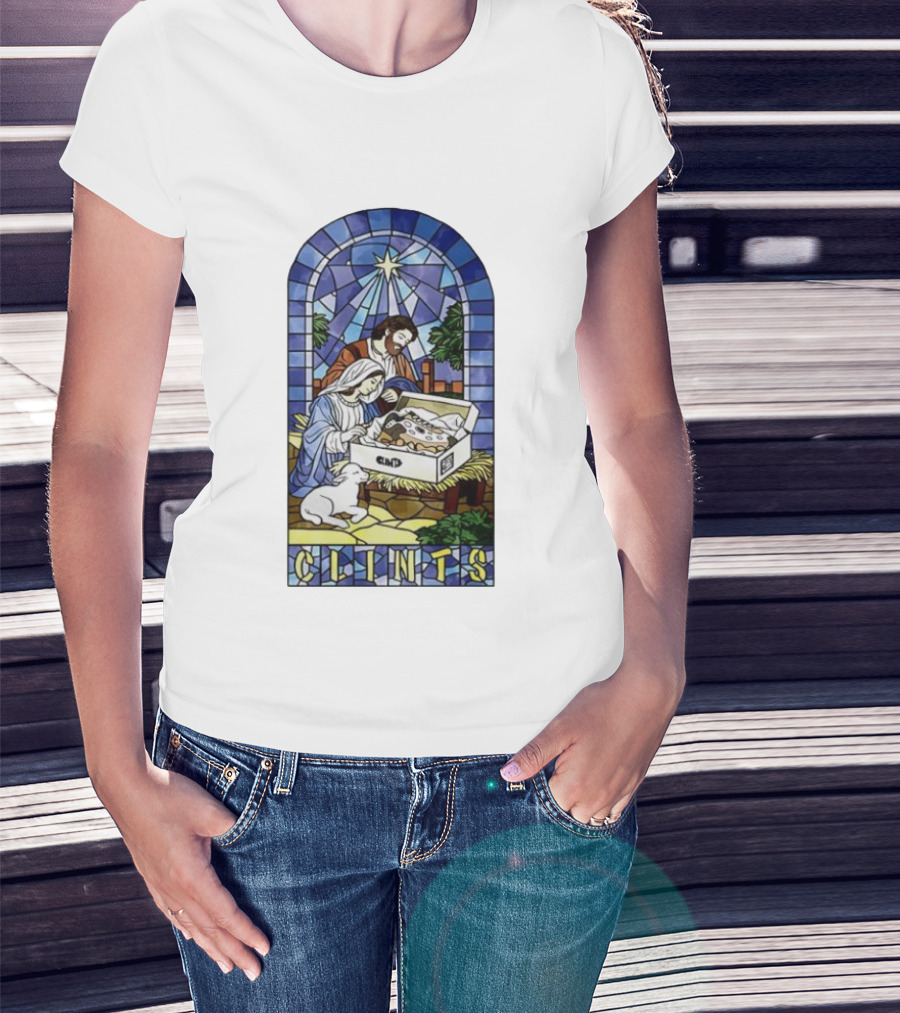 Nativity Stained Glass Clints Jesus Scene With Sneakers T-Shirt