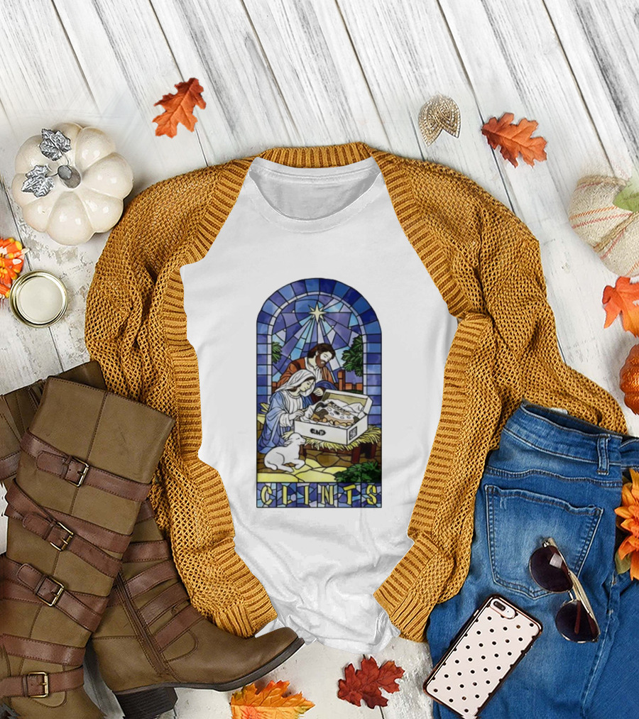 Nativity Stained Glass Clints Jesus Scene with Sneakers T-Shirt