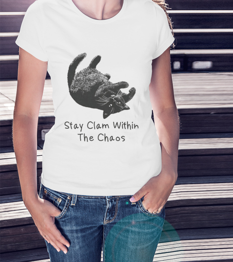 Stay Calm Within The Chaos Cat Pawsitive Vibes Black Feline T-Shirt