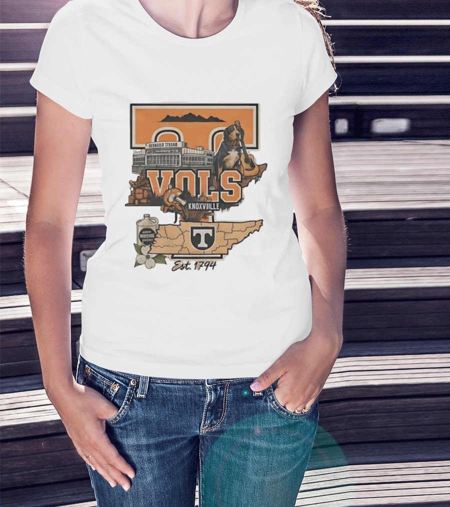 University Of Tennessee Volunteers Knoxville Vols Neyland Stadium Smokey Mascot Est 1794 Map Outline T-Shirt