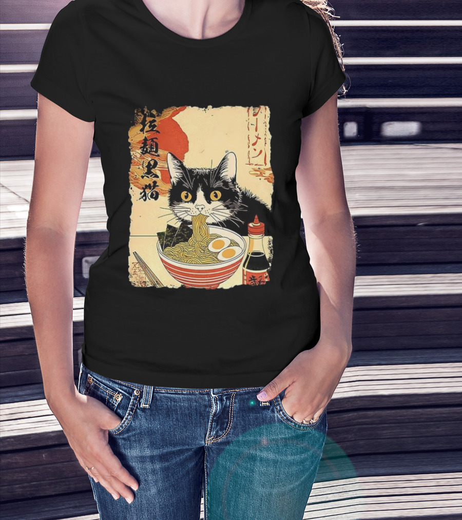 Japanese Black Cat Ramen Ukiyo E Retro Style With Kanji T-Shirt