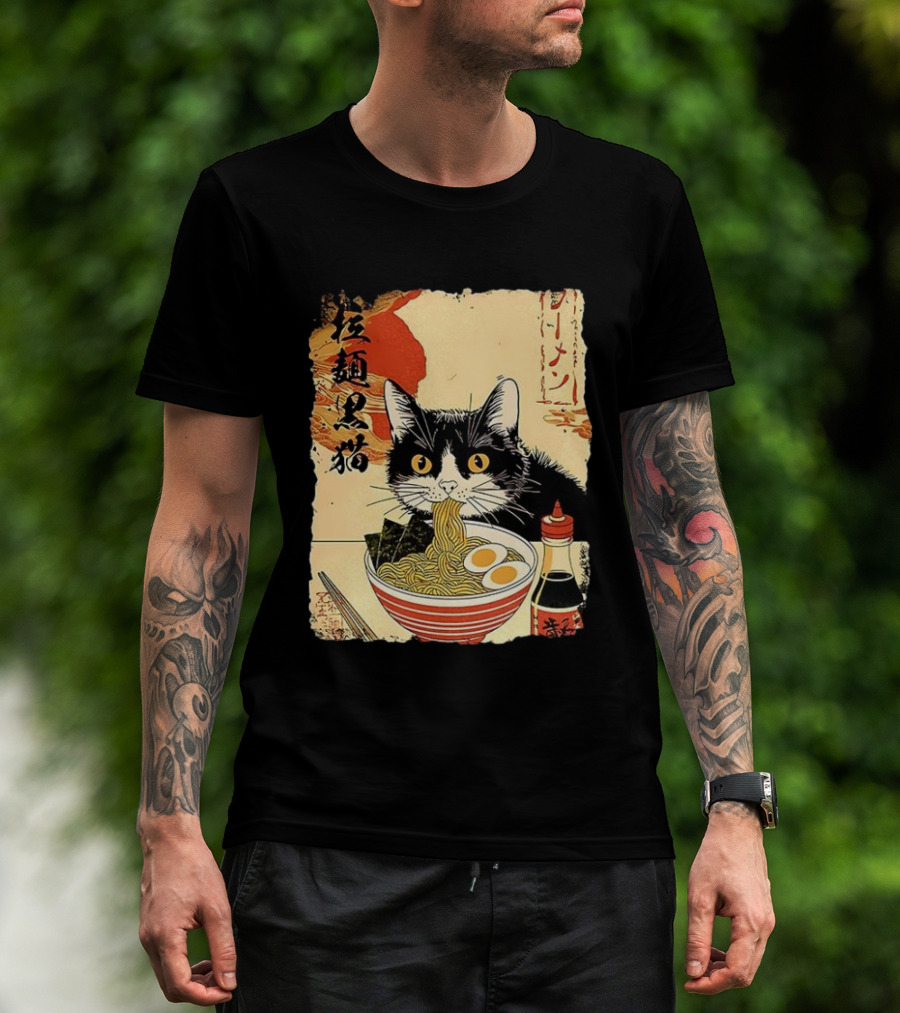 Japanese Black Cat Ramen Ukiyo E Retro Style With Kanji T-Shirt