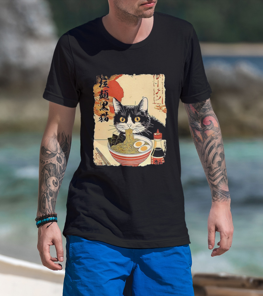 Japanese Black Cat Ramen Ukiyo E Retro Style With Kanji T-Shirt