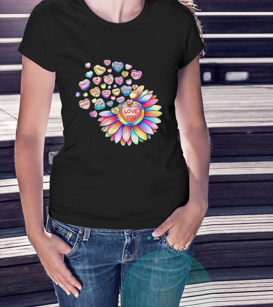 Valentine's Day Love You Sunflower With Candy Hearts Messages T-Shirt
