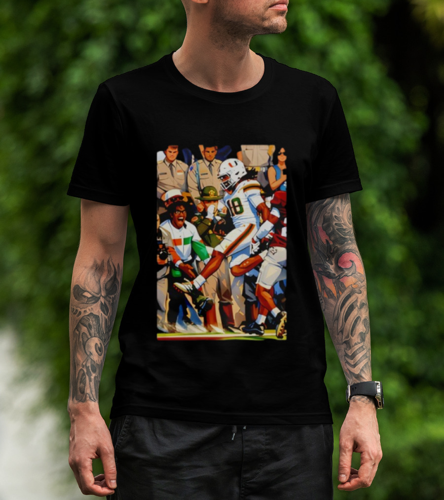 Miami Hurricanes Football Touchdown Celebration Game Day Action Scene T-Shirt