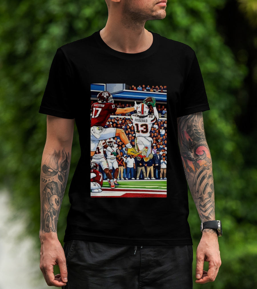 Miami Hurricanes Rakestraw 17 Vs Texas A&M Aggies Fitzgerald 13 NCAA CFP 2025 Match Football Action T-Shirt