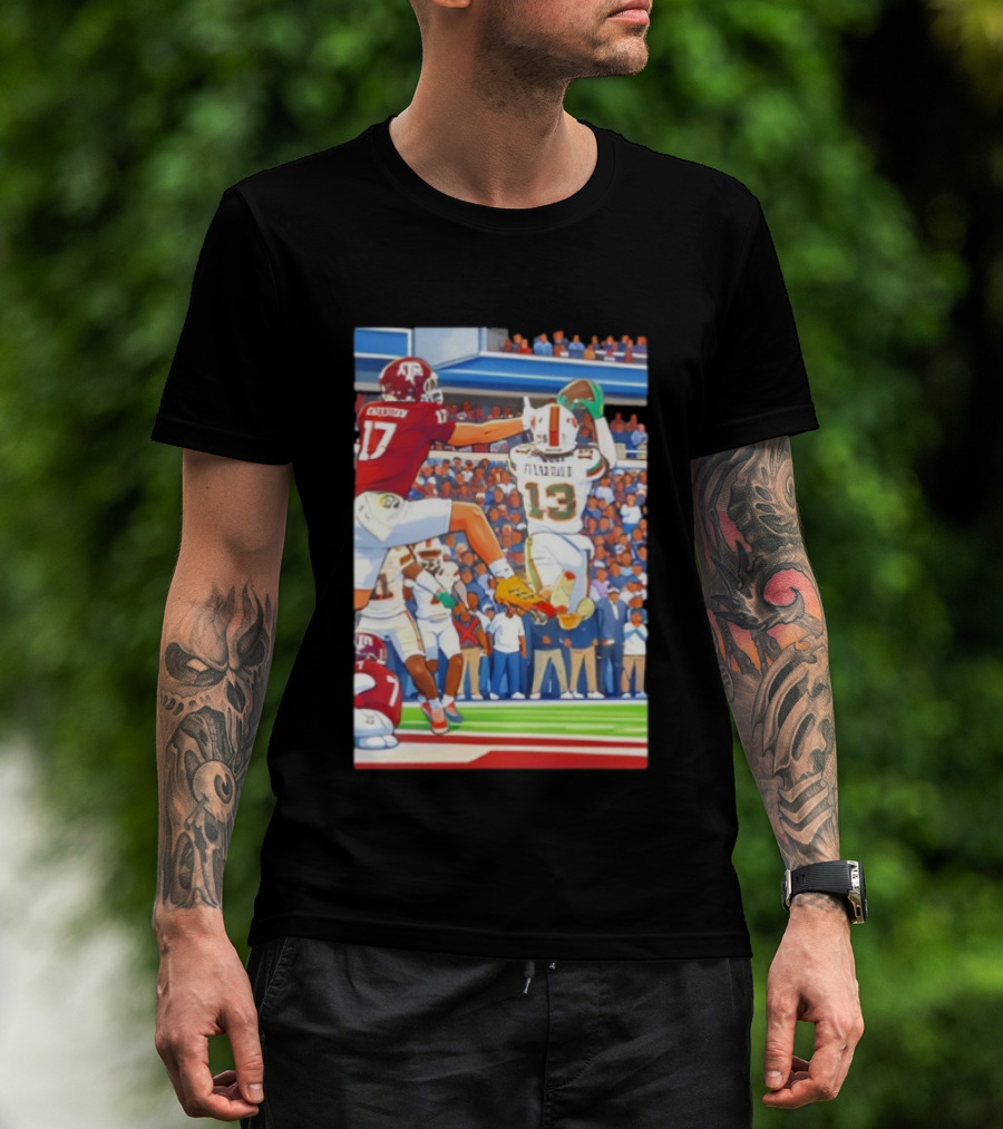 Miami Hurricanes Vs Texas A&M Football Game Fitzgerald 13 Rakestraw 17 Stadium Scene T-Shirt