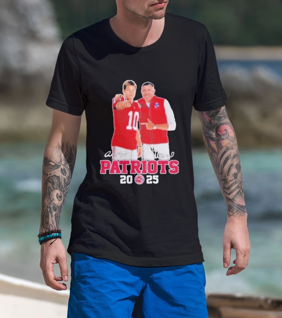 Mike Vrabel Drake Maye Patriots 2025 Signatures T-Shirt
