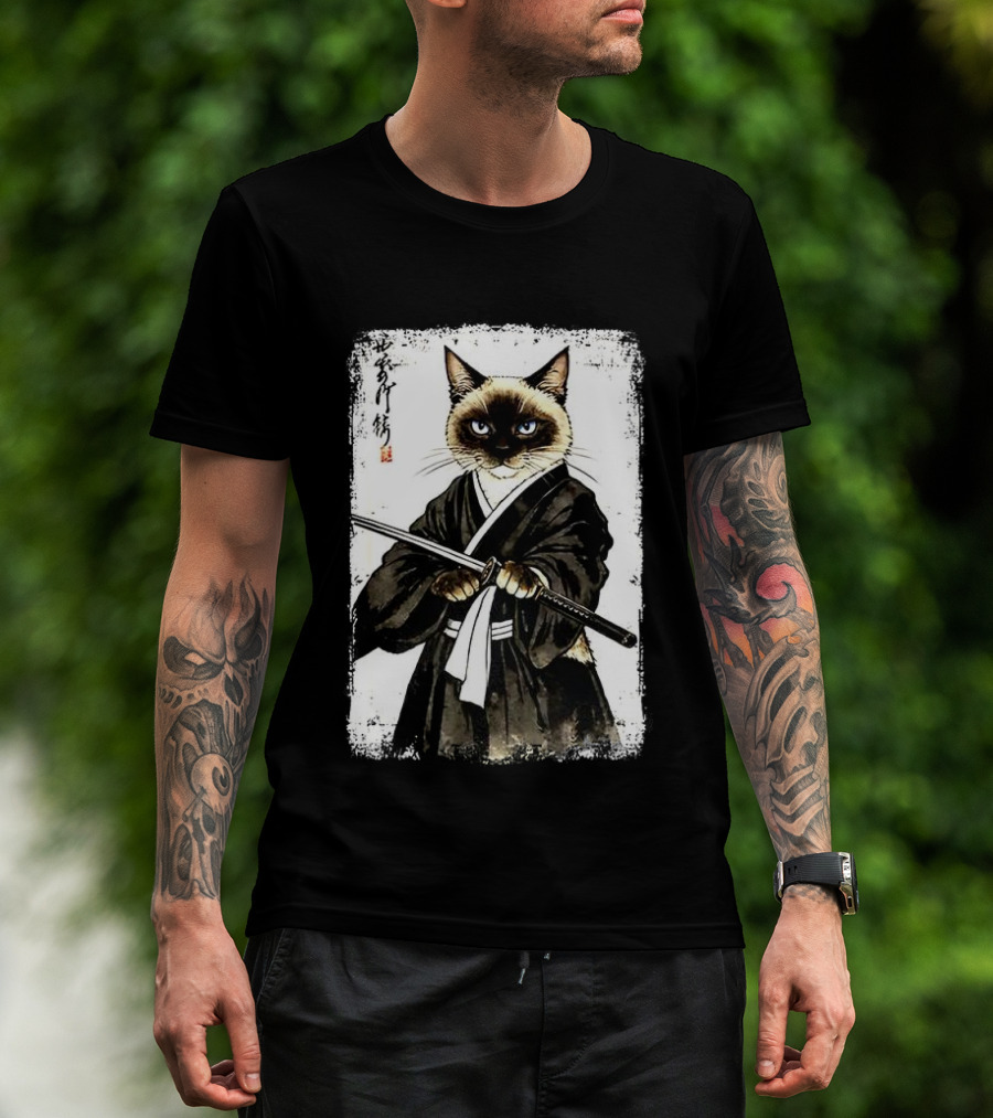 Siamese Cat Samurai Warrior Japanese Vantage Painting Kanji T-Shirt