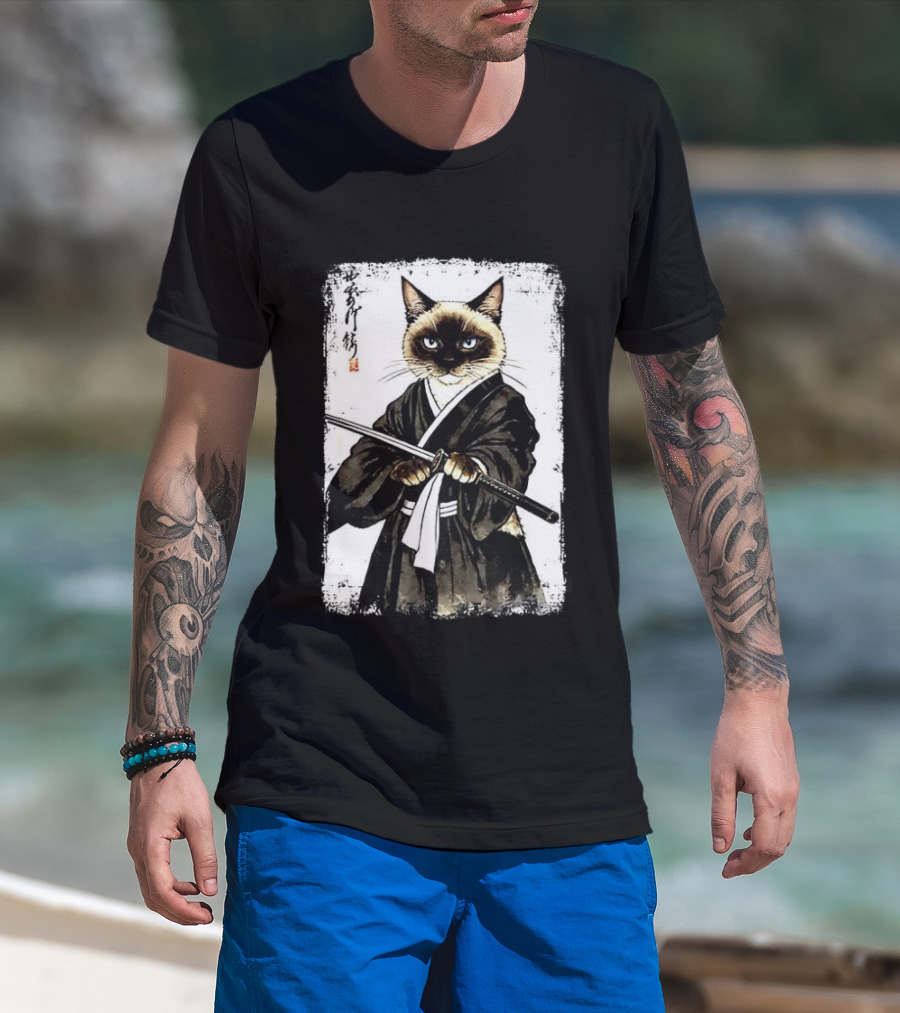 Siamese Cat Samurai Warrior Japanese Vantage Painting Kanji T-Shirt