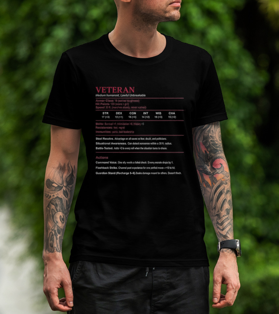 Veteran Medium Humanoid Lawful Unbreakable Mythical Background Proficiency T-Shirt