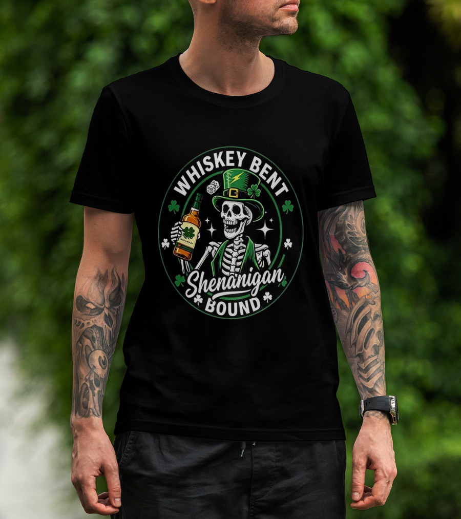 Whiskey Bent Shenanigan Bound Drinking Skeleton Clover Hat Dice T-Shirt
