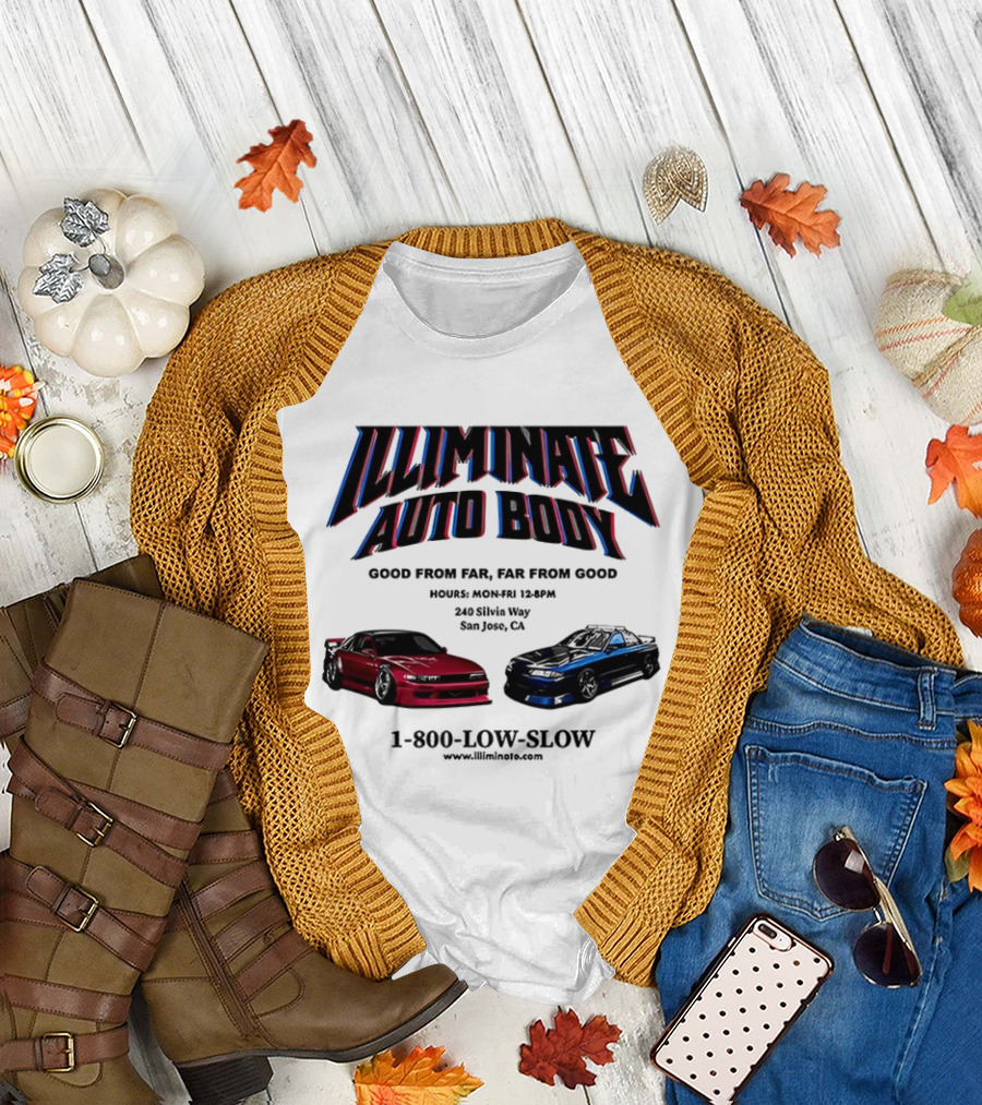 Illiminate Auto Body Good From Far Far From Good Retro Red Blue Car T-Shirt