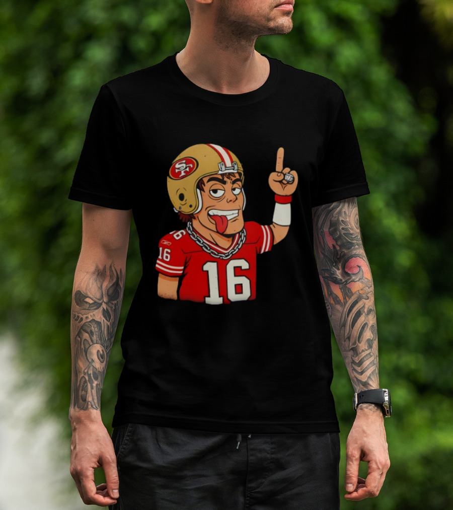 Legendary Quarterback Joe Montana #16 San Francisco 49ers Cartoon Helmet Tongue Out T-Shirt