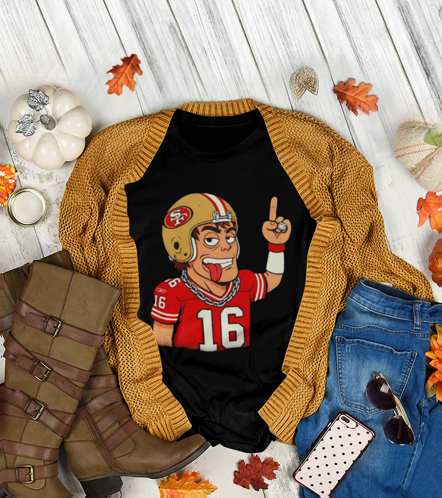 Legendary Quarterback Joe Montana #16 San Francisco 49ers Cartoon Helmet Tongue Out T-Shirt