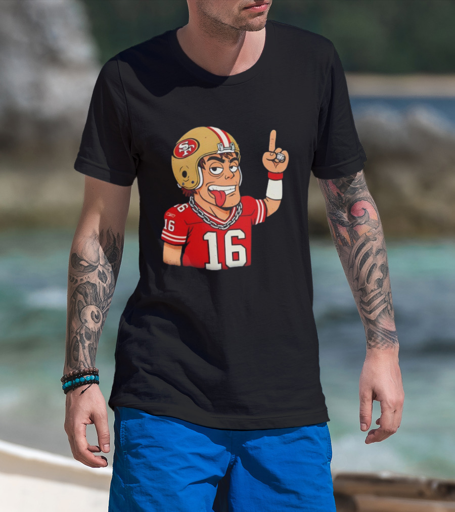 Legendary Quarterback Joe Montana #16 San Francisco 49ers Cartoon Helmet Tongue Out T-Shirt