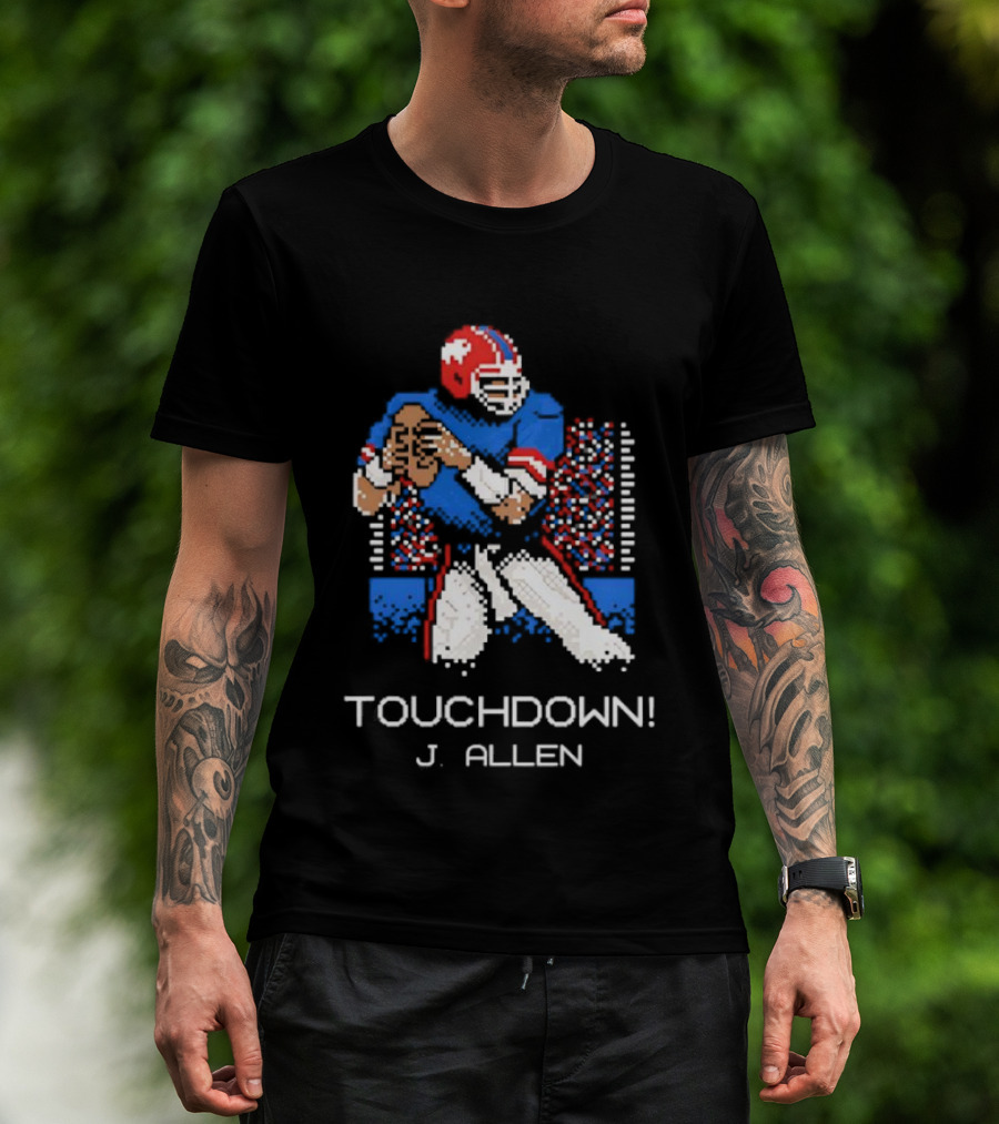TOUCHDOWN J ALLEN Retro Football Quarterback Blue Red Helmet T-Shirt