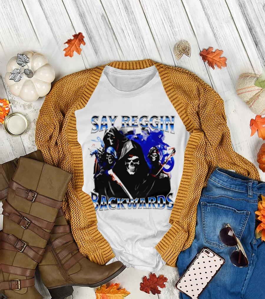 Say Reggin Backwards Skeletons Blue and Red T-Shirt