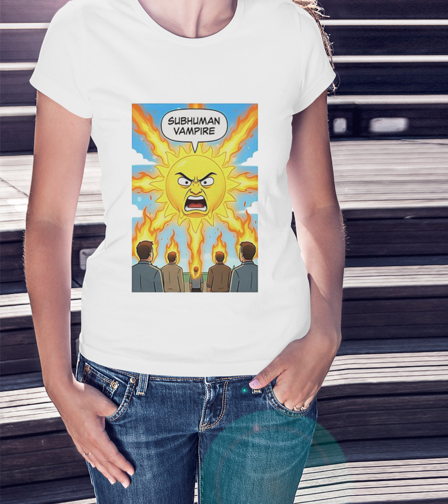 Subhuman Vampire Angry Sun Cartoon With Flames T-Shirt