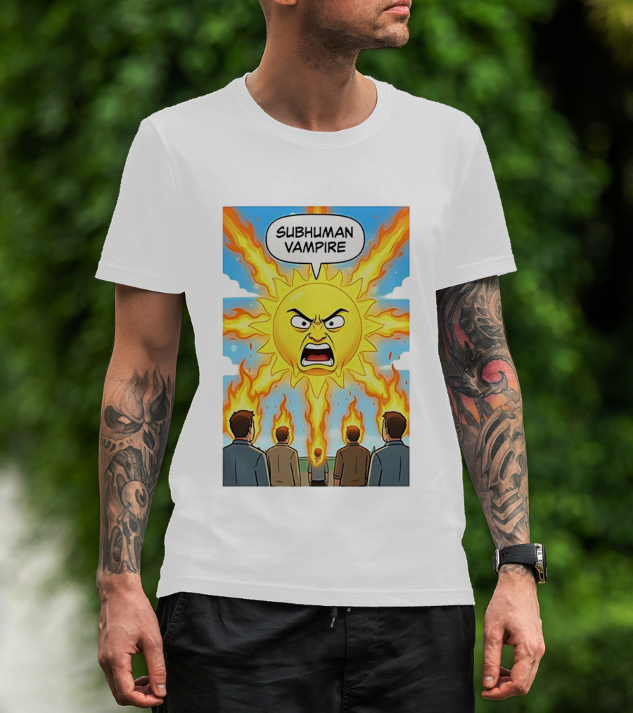 Subhuman Vampire Angry Sun Cartoon With Flames T-Shirt