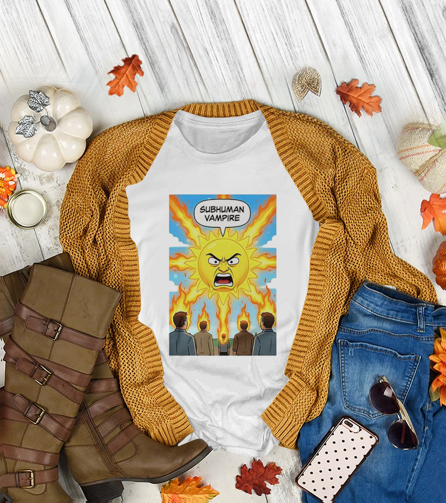 Subhuman Vampire Angry Sun Cartoon With Flames T-Shirt
