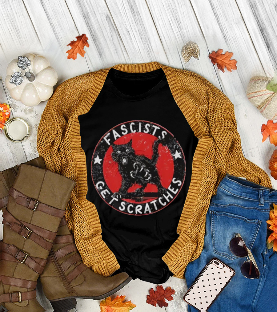 Black Cat Fascists Get Scratches Round Emblem With Stars T-Shirt