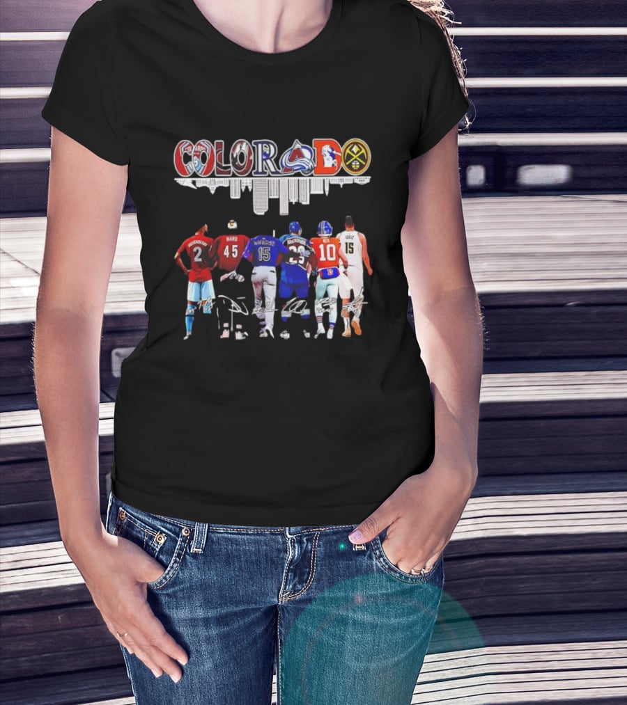 Colorado Avalanche Broncos Nuggets Rockies Jerseys And Ward Jokic Signatures T-Shirt