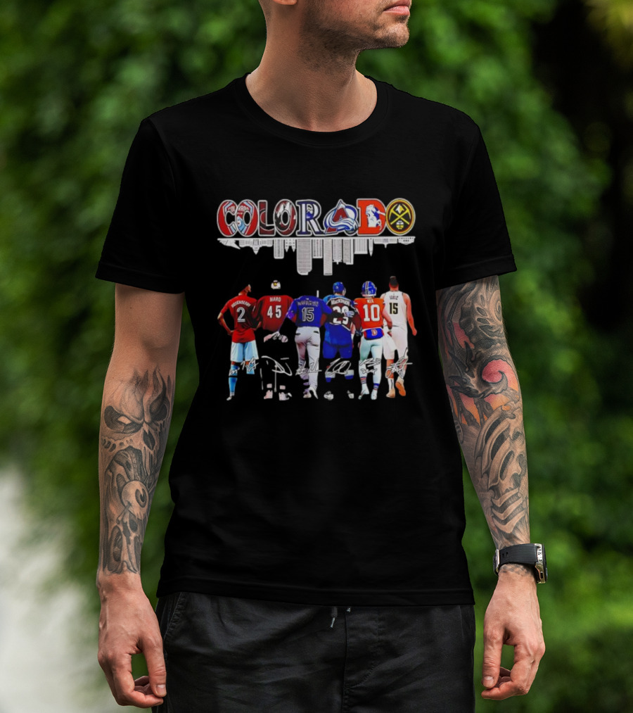 Colorado Avalanche Broncos Nuggets Rockies Jerseys And Ward Jokic Signatures T-Shirt