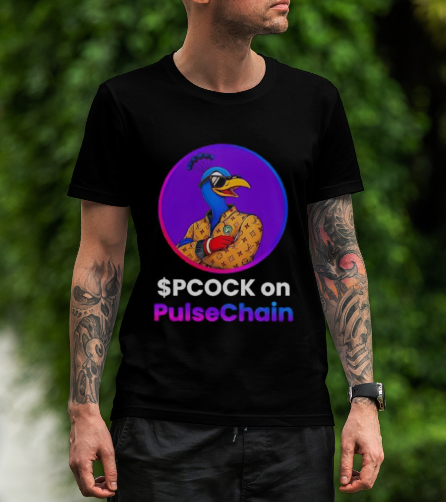 $PCOCK On PulseChain Peacock With Sunglasses And Patterned Outfit T-Shirt